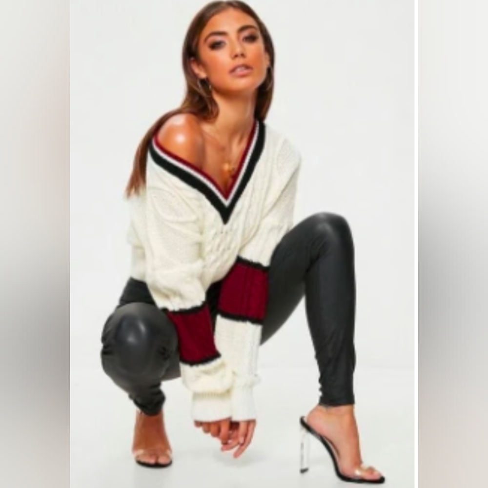 Missguided V-Neck Varsity Sweater with Burgundy Accents